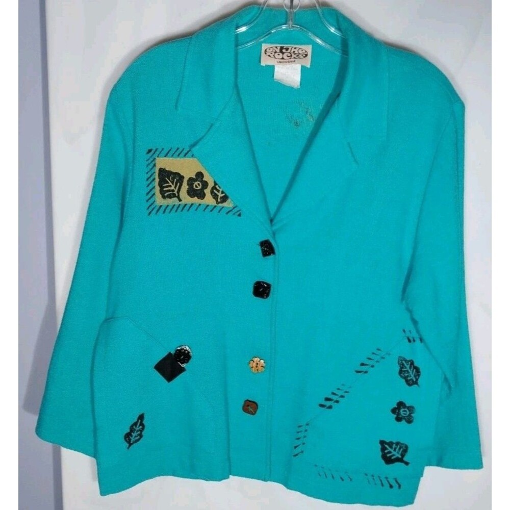 Vintage Aqua Linen Blend Wearable Art Jacket Womens M Hand Painted USA Blazer